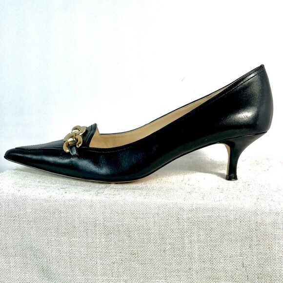 AK Anne Klein Black Pointed-Toe kitten heels with Elegant Gold Chain Size 9.5 - Picture 9 of 16